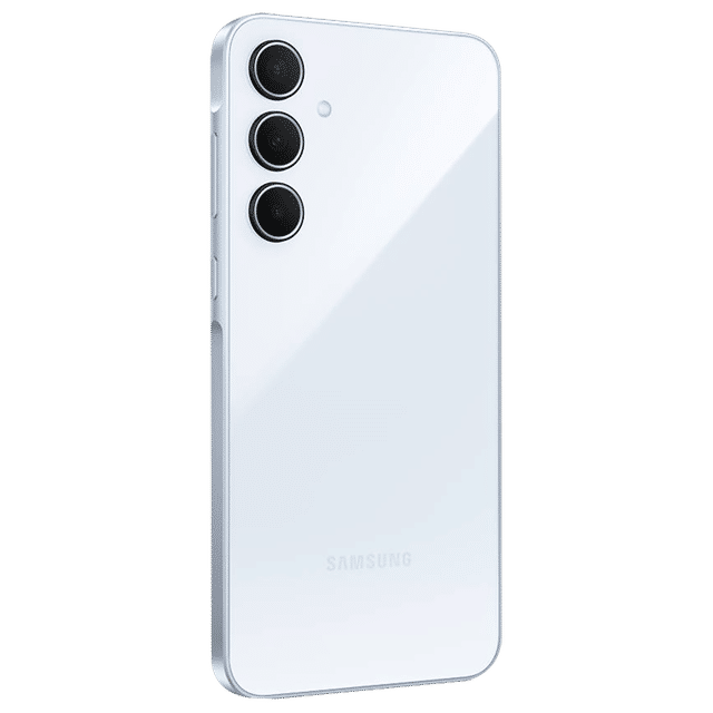 Samsung Galaxy A35 5G phone in white showing triple rear cameras and sleek design
