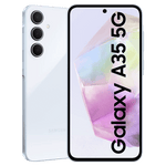 Samsung Galaxy A35 5G phone in white showing front screen and triple rear cameras