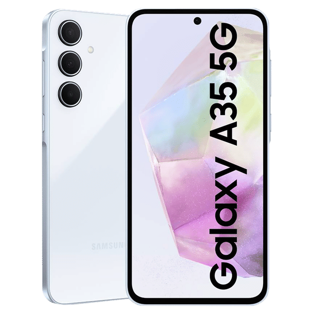 Samsung Galaxy A35 5G phone in white showing front screen and triple rear cameras