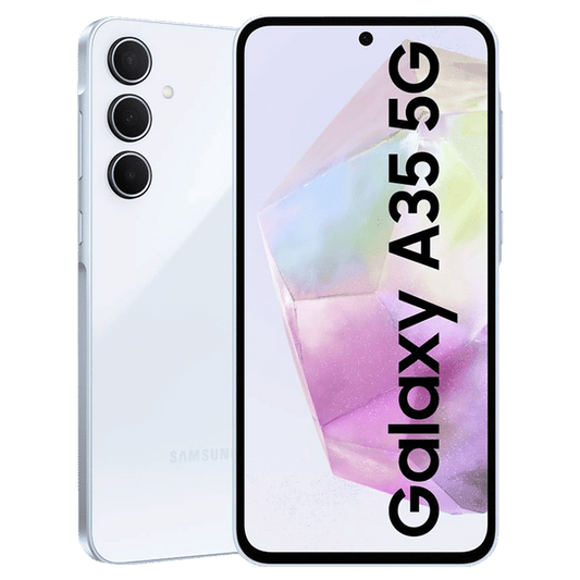 Samsung Galaxy A35 5G phone in white showing front screen and triple rear cameras