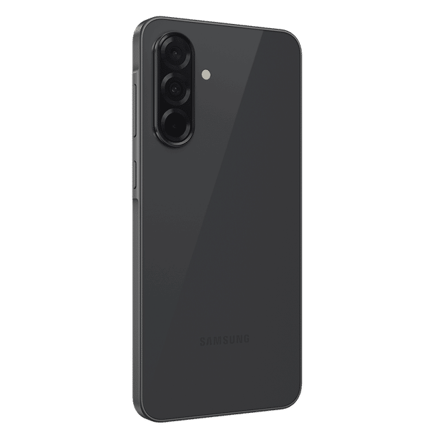 Black Samsung Galaxy A36 5G smartphone showing rear triple camera setup and sleek design