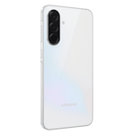 Samsung Galaxy A36 5G smartphone in white showing rear triple camera setup and sleek design