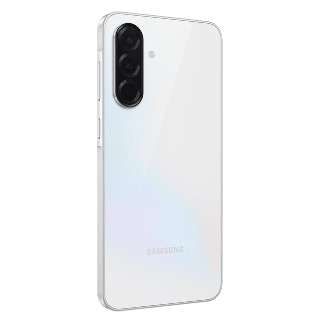 Samsung Galaxy A36 5G smartphone in white showing rear triple camera setup and sleek design