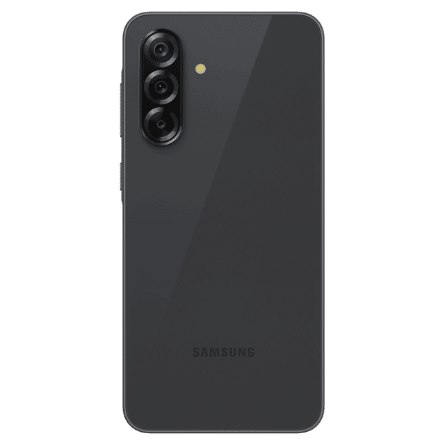 Samsung Galaxy A36 5G smartphone in black showing the rear triple camera setup and sleek design