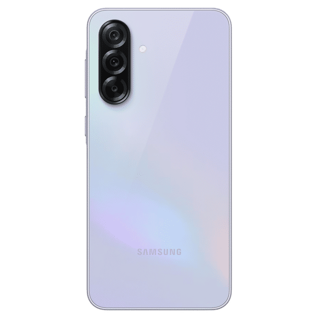 Back view of Samsung Galaxy A36 5G phone in light purple with triple camera setup