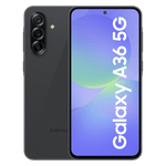 Samsung Galaxy A36 5G smartphone in black showing front screen and triple rear cameras