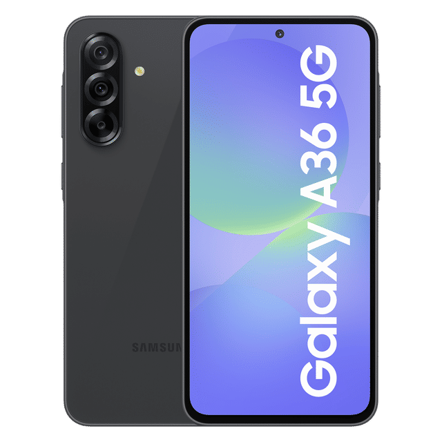 Samsung Galaxy A36 5G smartphone in black showing front screen and triple rear cameras