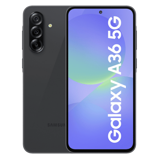Samsung Galaxy A36 5G smartphone in black showing front screen and triple rear cameras