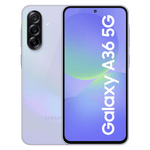 Samsung Galaxy A36 5G smartphone showing front display and rear triple camera in light purple