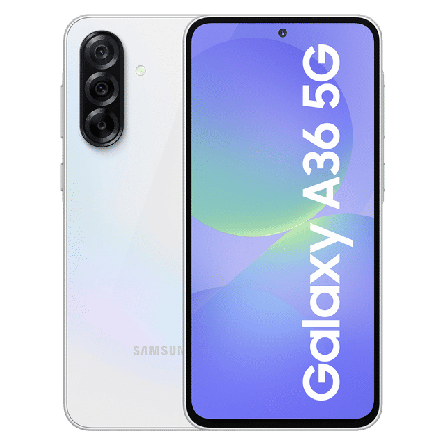 Samsung Galaxy A36 5G smartphone in white showing front screen and rear triple camera setup