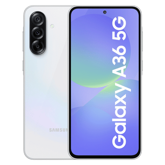 Samsung Galaxy A36 5G smartphone in white showing front screen and rear triple camera setup