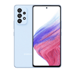 Samsung Galaxy A53 phone in light blue showing front display and rear quad camera setup