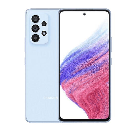 Samsung Galaxy A53 phone in light blue showing front display and rear quad camera setup