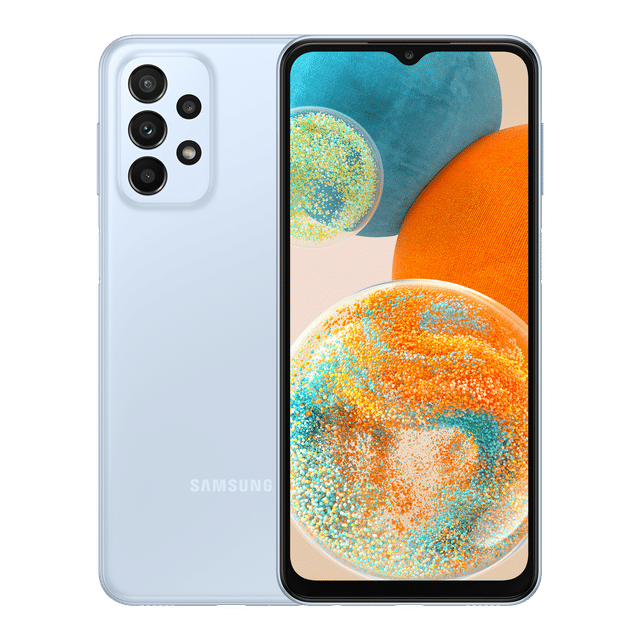 Samsung Galaxy A53 smartphone in light blue showing front display and quad rear camera setup