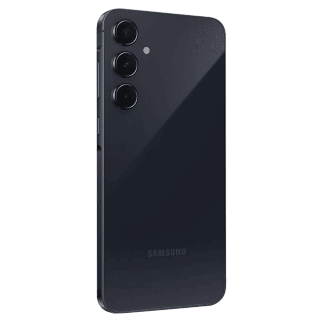 Samsung Galaxy A55 5G smartphone in black showing rear triple camera setup and sleek design