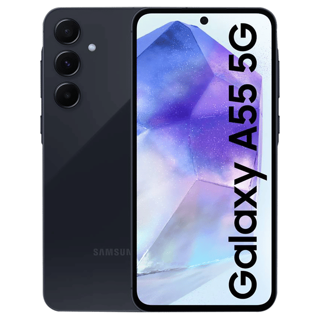 Samsung Galaxy A55 5G smartphone with triple rear cameras and front display in black