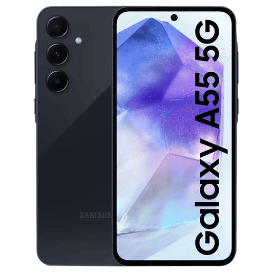 Samsung Galaxy A55 5G smartphone with triple rear cameras and front display in black