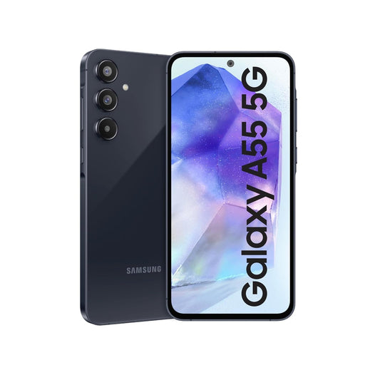 Samsung Galaxy A55 5G smartphone in black showing front display and triple rear cameras