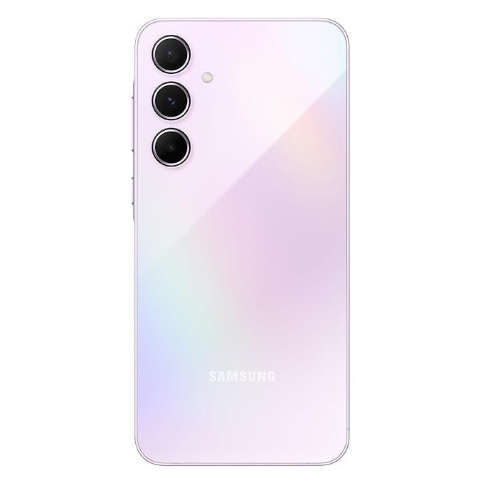 Samsung Galaxy A55 5G smartphone in iridescent white with triple rear camera setup and sleek design