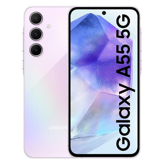 Samsung Galaxy A55 5G smartphone with triple rear cameras and purple gradient finish