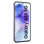 Samsung Galaxy A55 5G smartphone front view with purple geometric wallpaper and punch hole camera