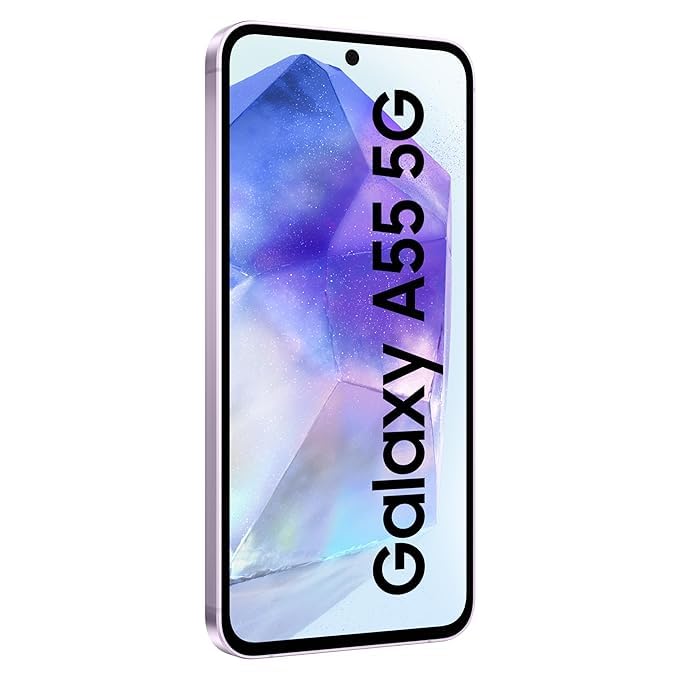 Samsung Galaxy A55 5G smartphone front view with purple geometric wallpaper and punch hole camera