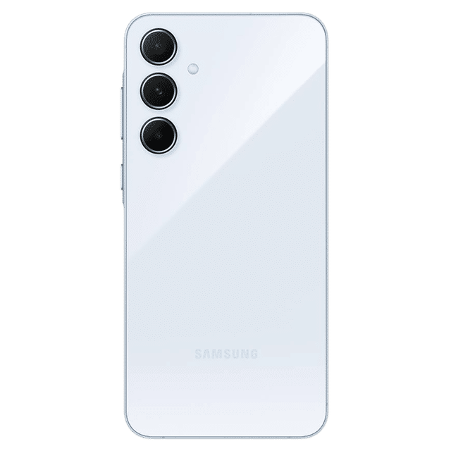 White Samsung Galaxy A55 5G smartphone showing the back with triple camera setup