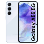 Samsung Galaxy A55 5G smartphone in white showing front display and triple rear cameras