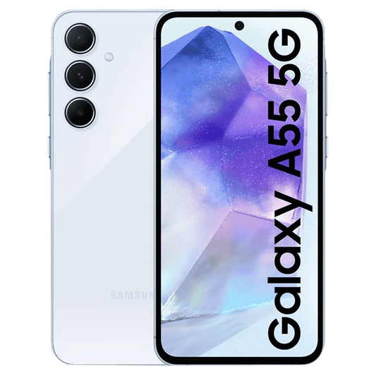 Samsung Galaxy A55 5G smartphone in white showing front display and triple rear cameras