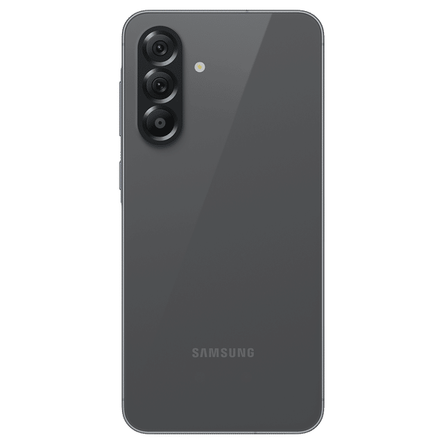 Samsung Galaxy A56 5G smartphone in sleek black showing triple rear cameras and flash