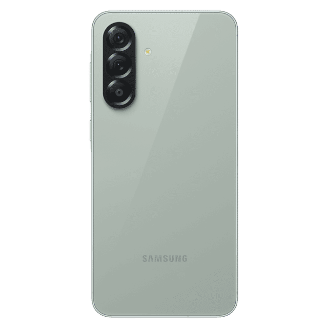 Back view of Samsung Galaxy A56 5G phone in green with triple camera setup and LED flash