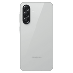 White Samsung Galaxy A56 5G phone showing rear triple camera setup and Samsung logo