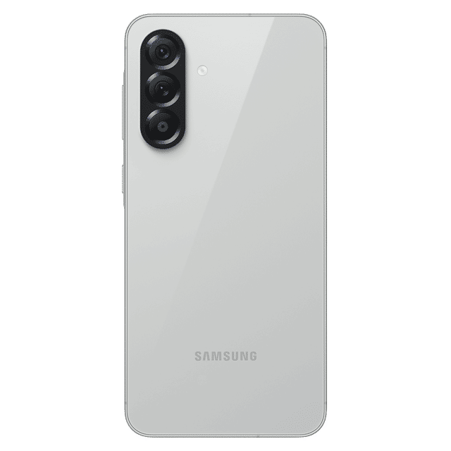 White Samsung Galaxy A56 5G phone showing rear triple camera setup and Samsung logo
