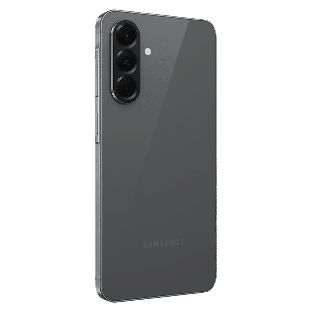 Samsung Galaxy A56 5G smartphone in black showing triple rear cameras and sleek design