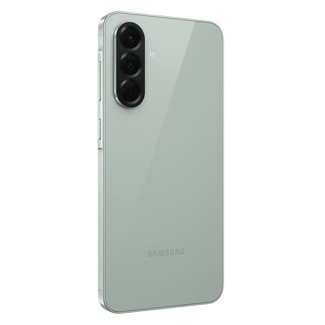 Samsung Galaxy A56 5G phone in silver showing rear triple camera setup and sleek design