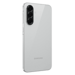 Samsung Galaxy A56 5G white smartphone showing triple rear cameras and sleek design on black background