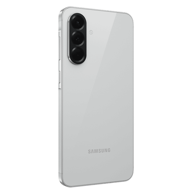 Samsung Galaxy A56 5G white smartphone showing triple rear cameras and sleek design on black background