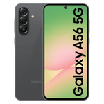 Samsung Galaxy A56 5G smartphone showing front display and triple rear camera in black
