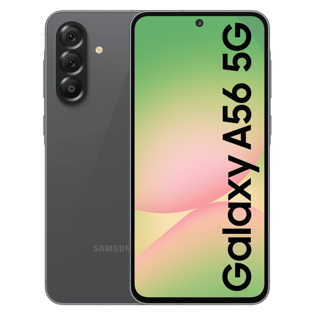 Samsung Galaxy A56 5G smartphone showing front display and triple rear camera in black