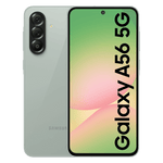 Samsung Galaxy A56 5G smartphone showing front display and triple camera on back in gray color
