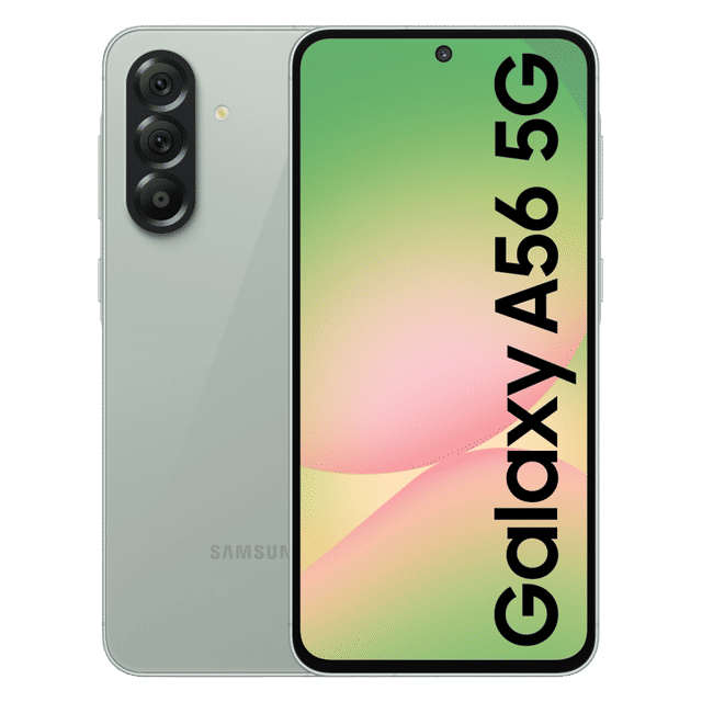 Samsung Galaxy A56 5G smartphone showing front display and triple camera on back in gray color