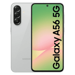 Samsung Galaxy A56 5G smartphone with triple rear cameras and front display in white color