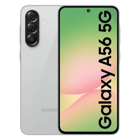 Samsung Galaxy A56 5G smartphone with triple rear cameras and front display in white color