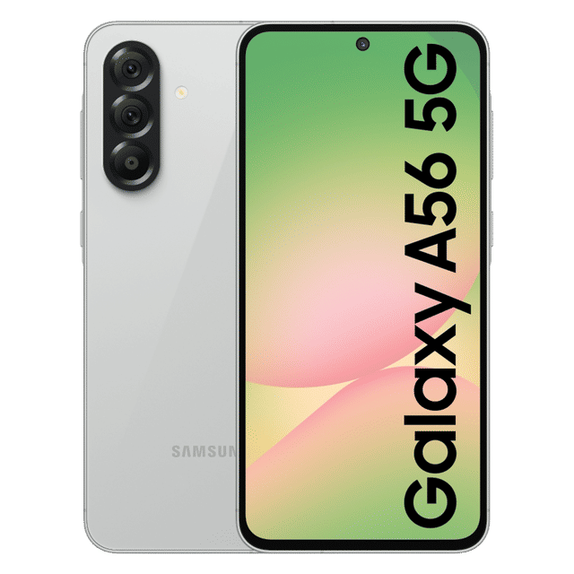 Samsung Galaxy A56 5G smartphone with triple rear cameras and front display in white color