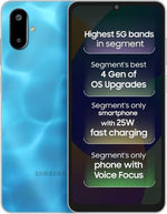 Samsung Galaxy F06 5G smartphone with blue back cover and highlighted features on screen