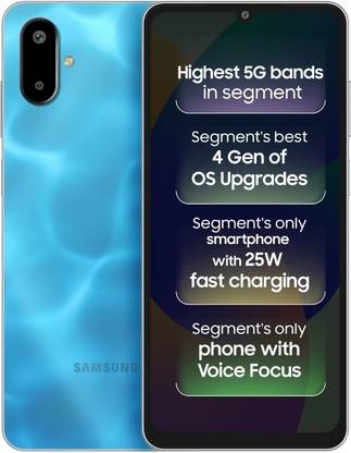 Samsung Galaxy F06 5G smartphone with blue back cover and highlighted features on screen