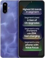 Samsung Galaxy F06 5G smartphone front and back view highlighting 5G bands and fast charging