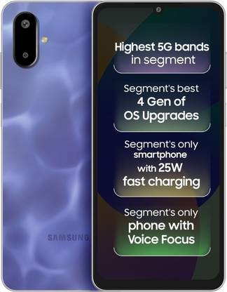 Samsung Galaxy F06 5G smartphone front and back view highlighting 5G bands and fast charging
