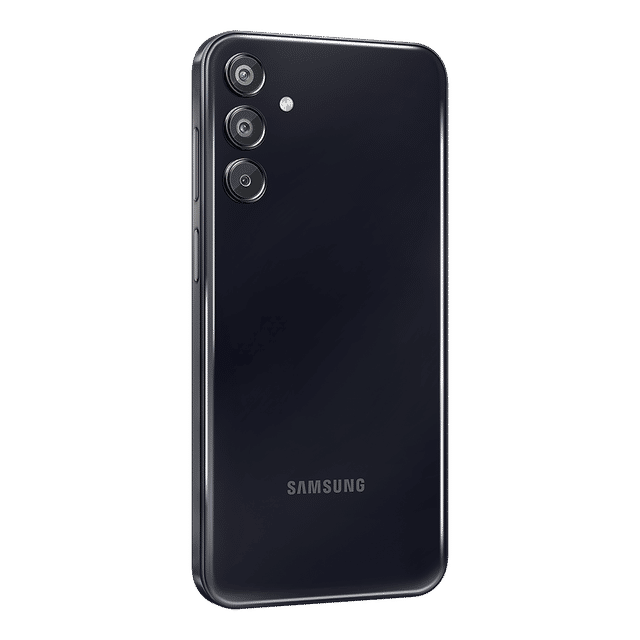 Samsung Galaxy F15 5G phone black rear view showing triple camera setup and Samsung logo