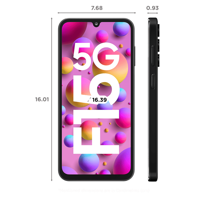Samsung Galaxy F15 5G phone front and side view with colorful bubble screen and size dimensions
